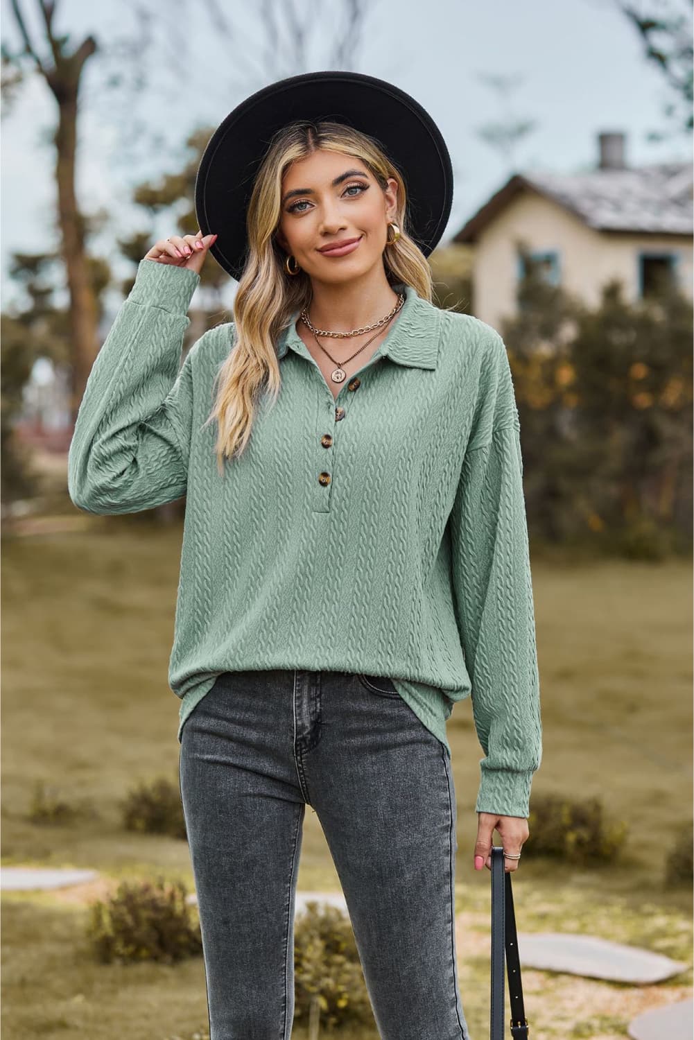 Collared Neck Long Sleeve Blouse - Mervyns