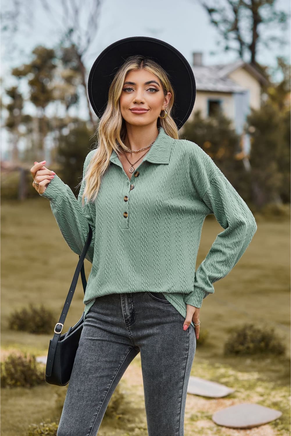 Collared Neck Long Sleeve Blouse - Mervyns