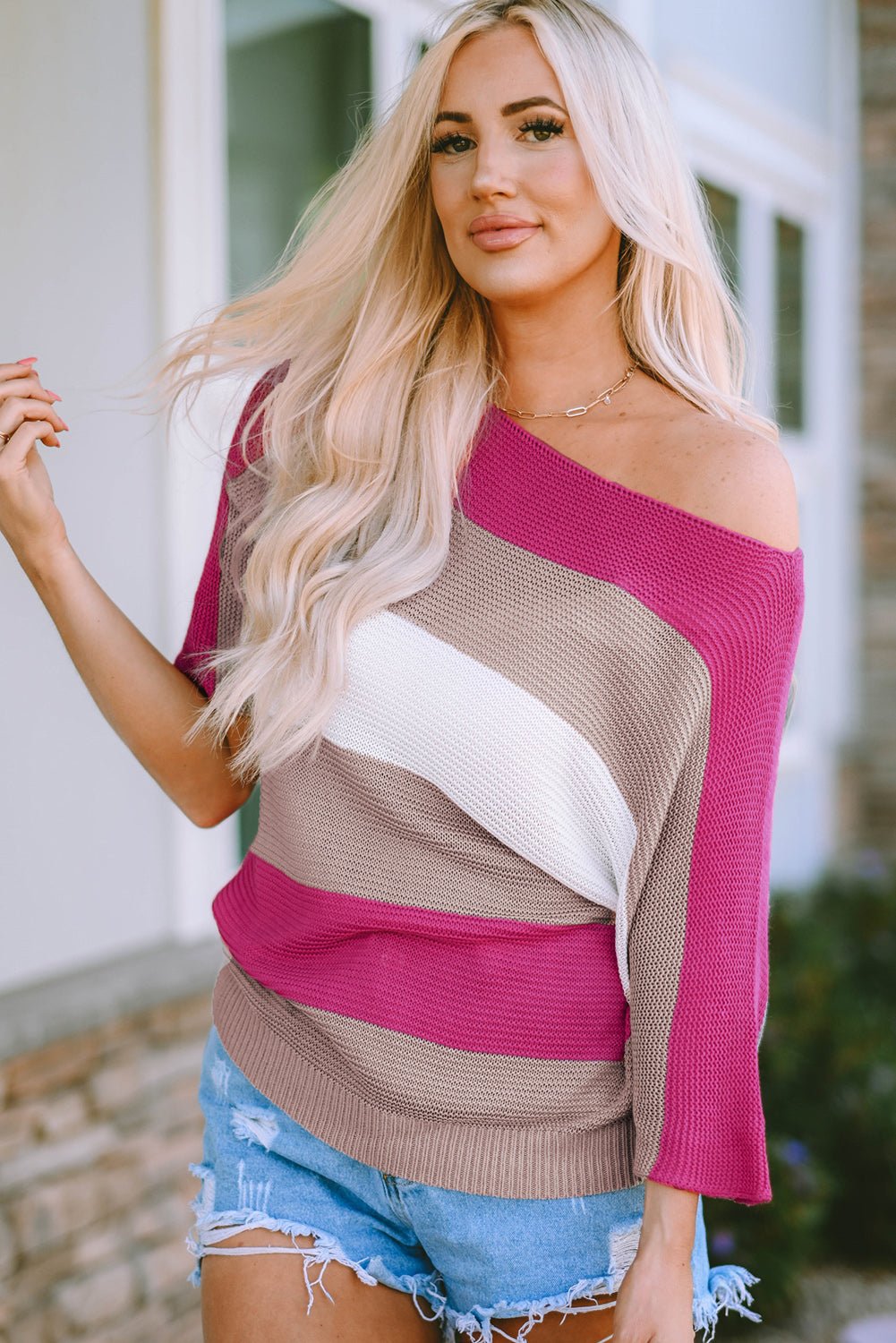 Color Block Boat Neck Half Sleeve Knit Top - Mervyns