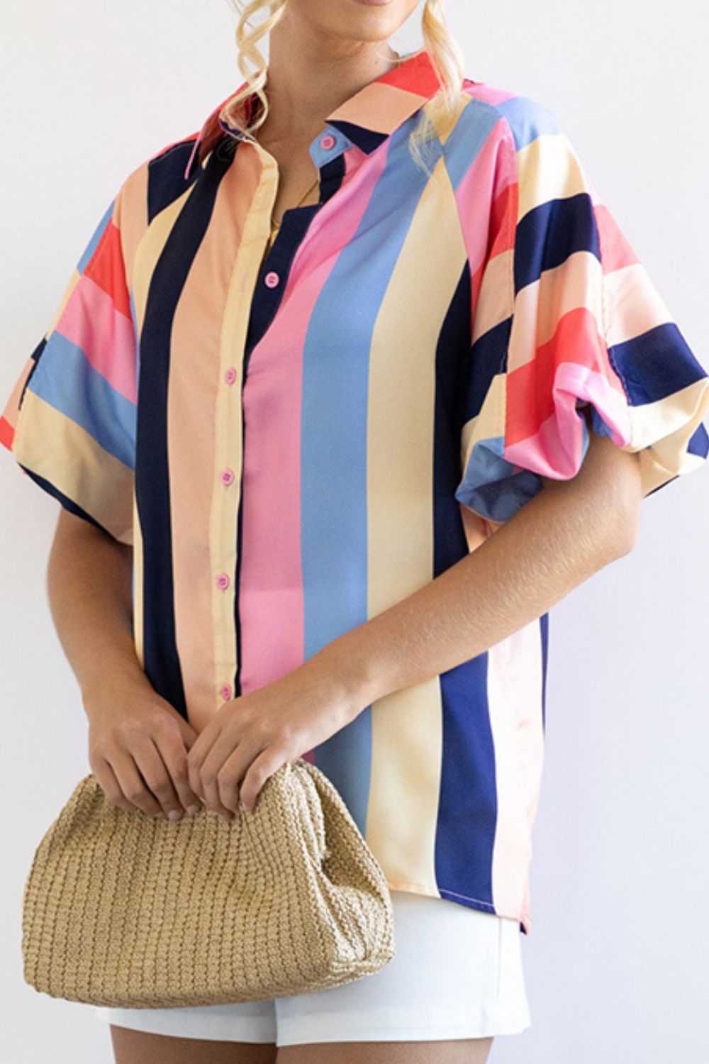 Color Block Button Up Balloon Sleeve Shirt - Mervyns