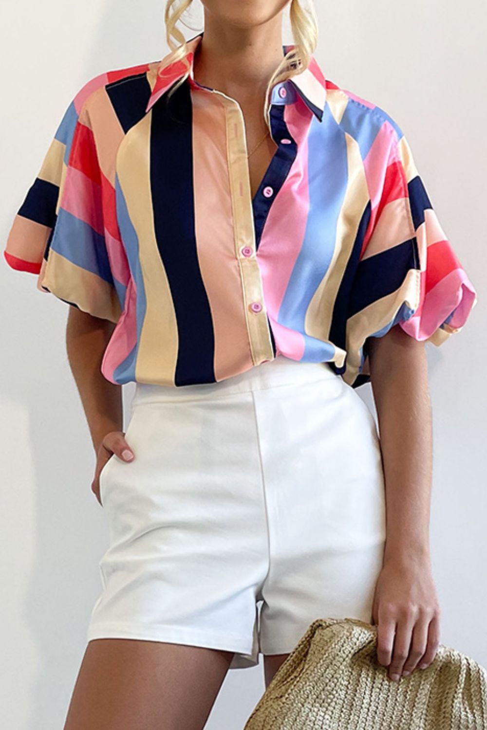 Color Block Button Up Balloon Sleeve Shirt - Mervyns