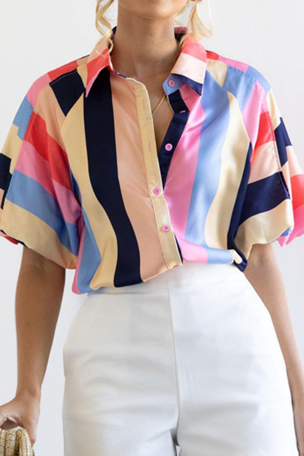 Color Block Button Up Balloon Sleeve Shirt - Mervyns