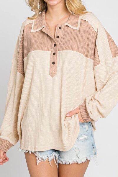 Color Block Half Button Up Blouse - Mervyns