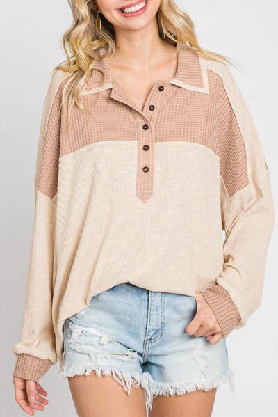 Color Block Half Button Up Blouse - Mervyns