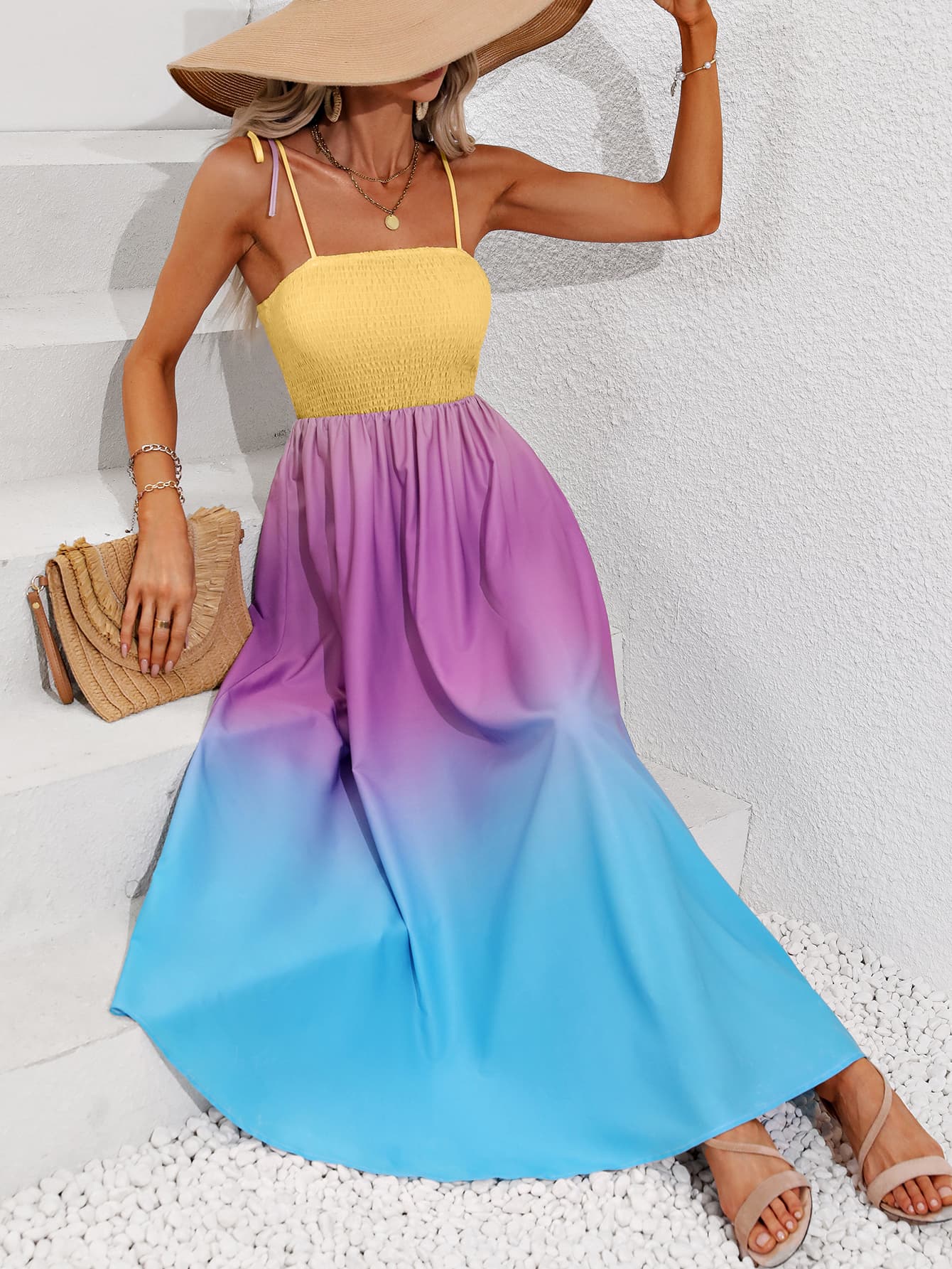 Color Block Tie Shoulder Smocked Maxi Dress - Mervyns