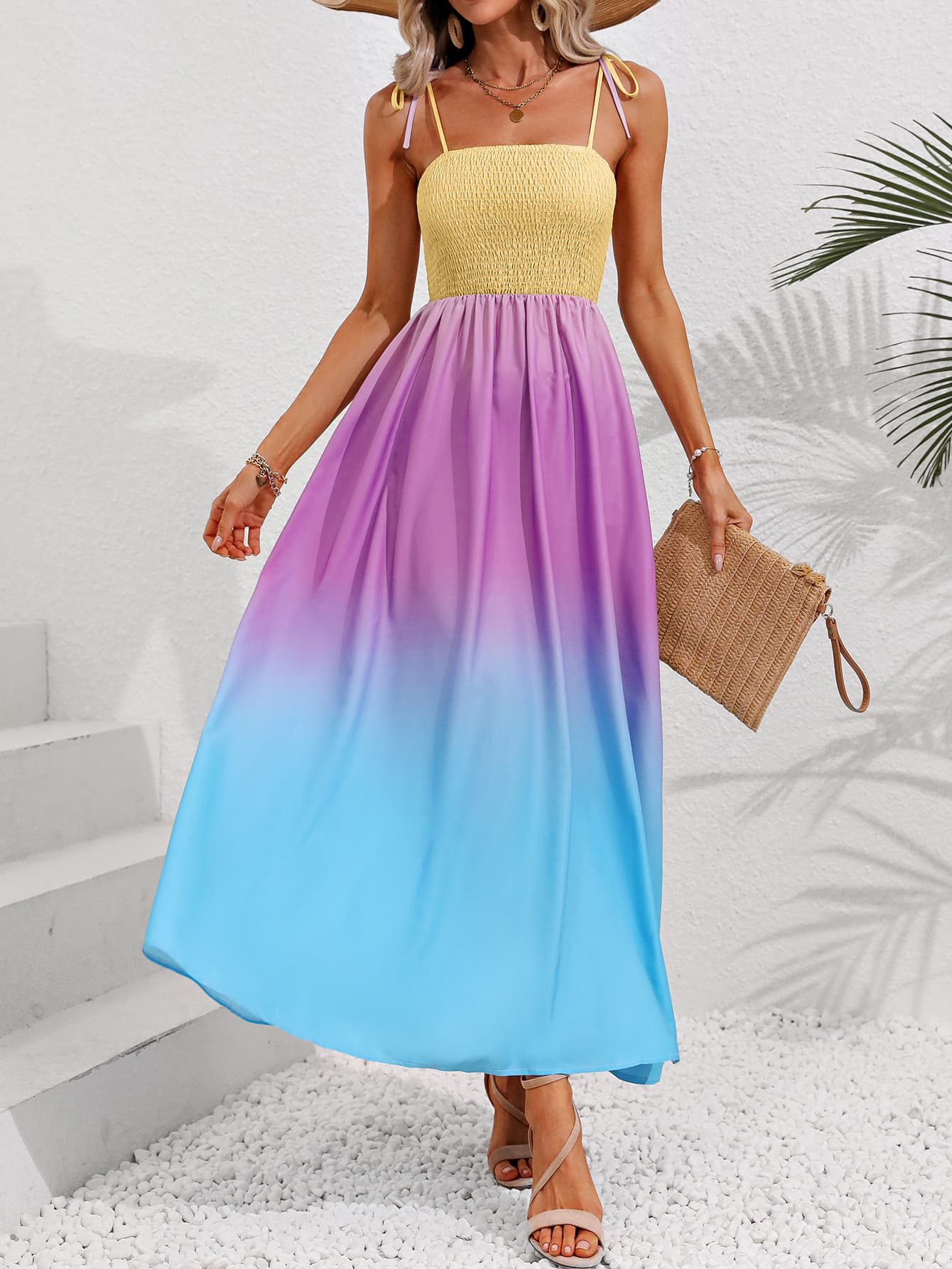 Color Block Tie Shoulder Smocked Maxi Dress - Mervyns