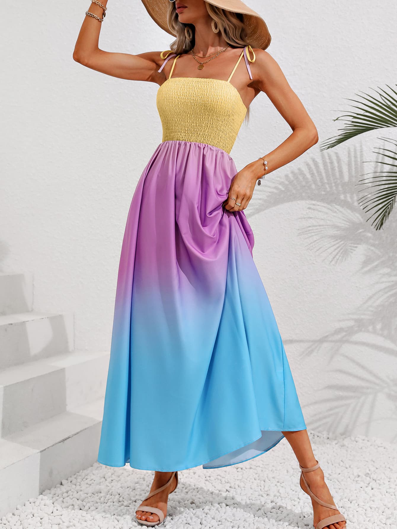 Color Block Tie Shoulder Smocked Maxi Dress - Mervyns