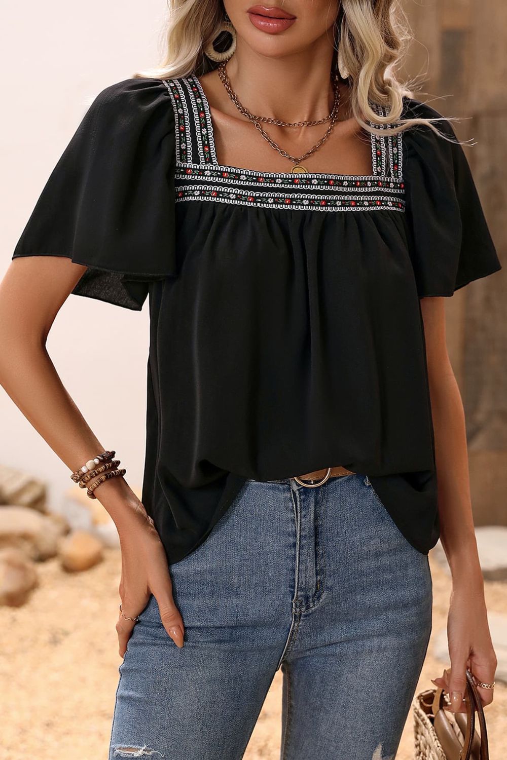 Contrast Square Neck Puff Sleeve Blouse - Mervyns