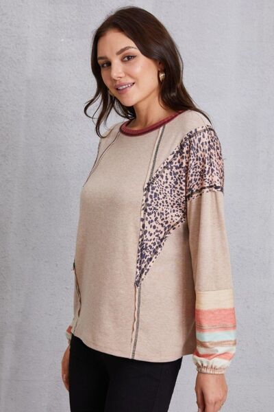 Contrast Stitching Leopard Long Sleeve Blouse - Mervyns