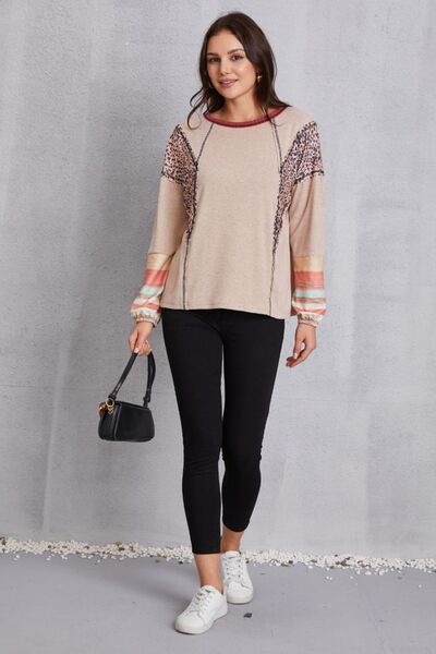 Contrast Stitching Leopard Long Sleeve Blouse - Mervyns