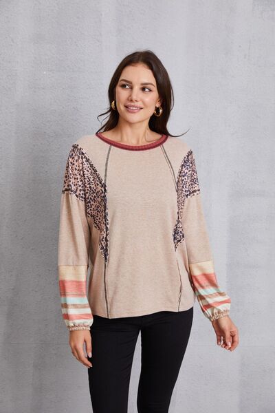 Contrast Stitching Leopard Long Sleeve Blouse - Mervyns