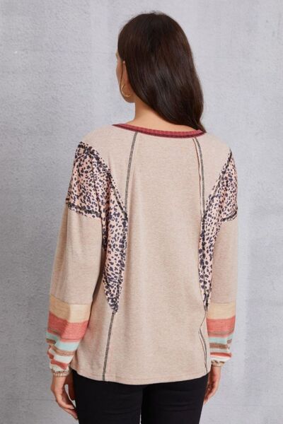 Contrast Stitching Leopard Long Sleeve Blouse - Mervyns