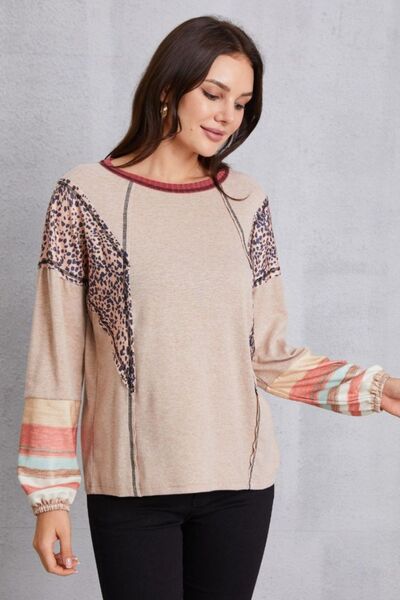 Contrast Stitching Leopard Long Sleeve Blouse - Mervyns