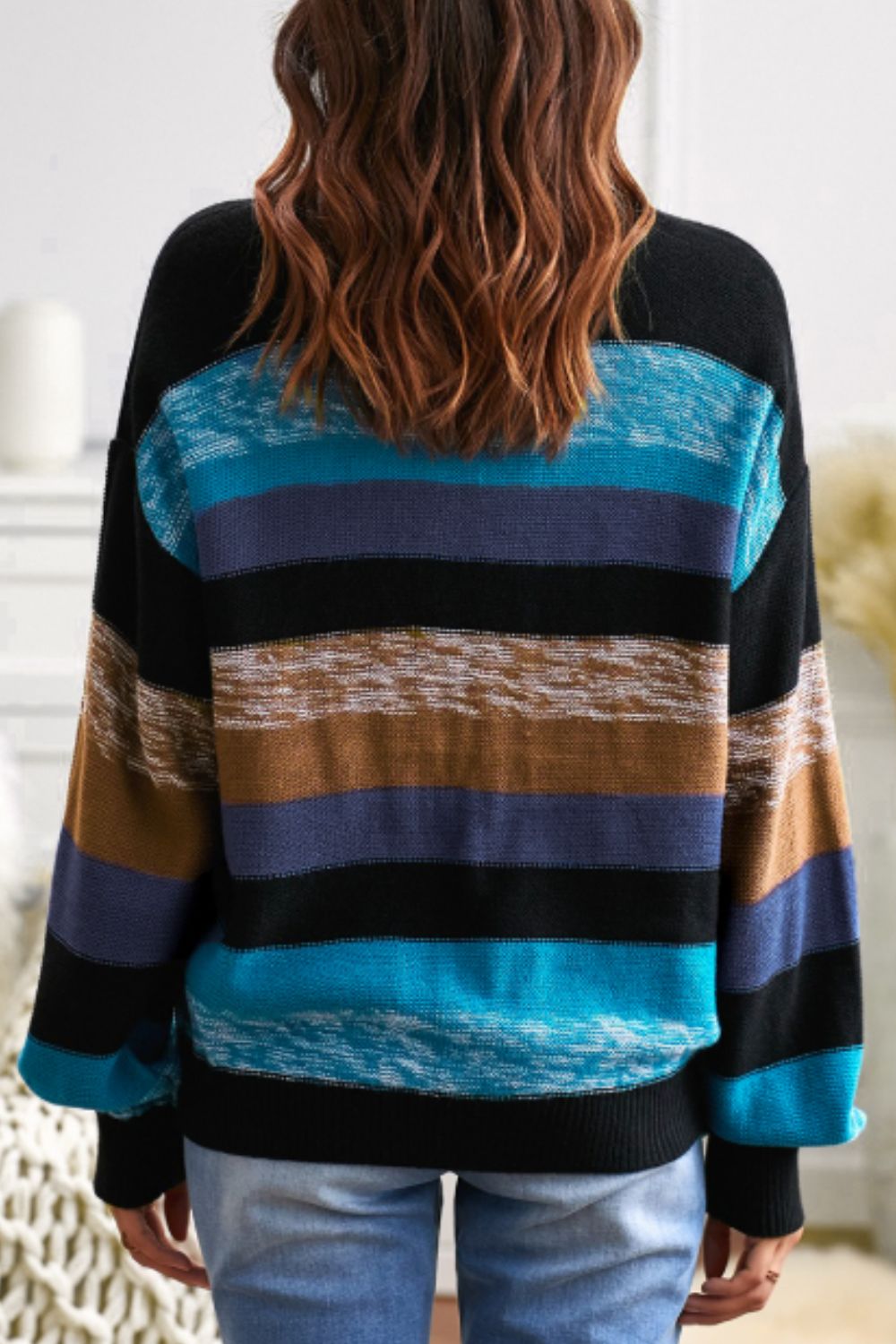 Contrast Striped Round Neck Drop Shoulder Sweater - Mervyns