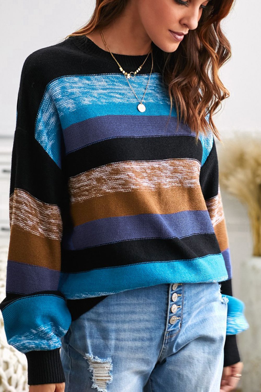 Contrast Striped Round Neck Drop Shoulder Sweater - Mervyns