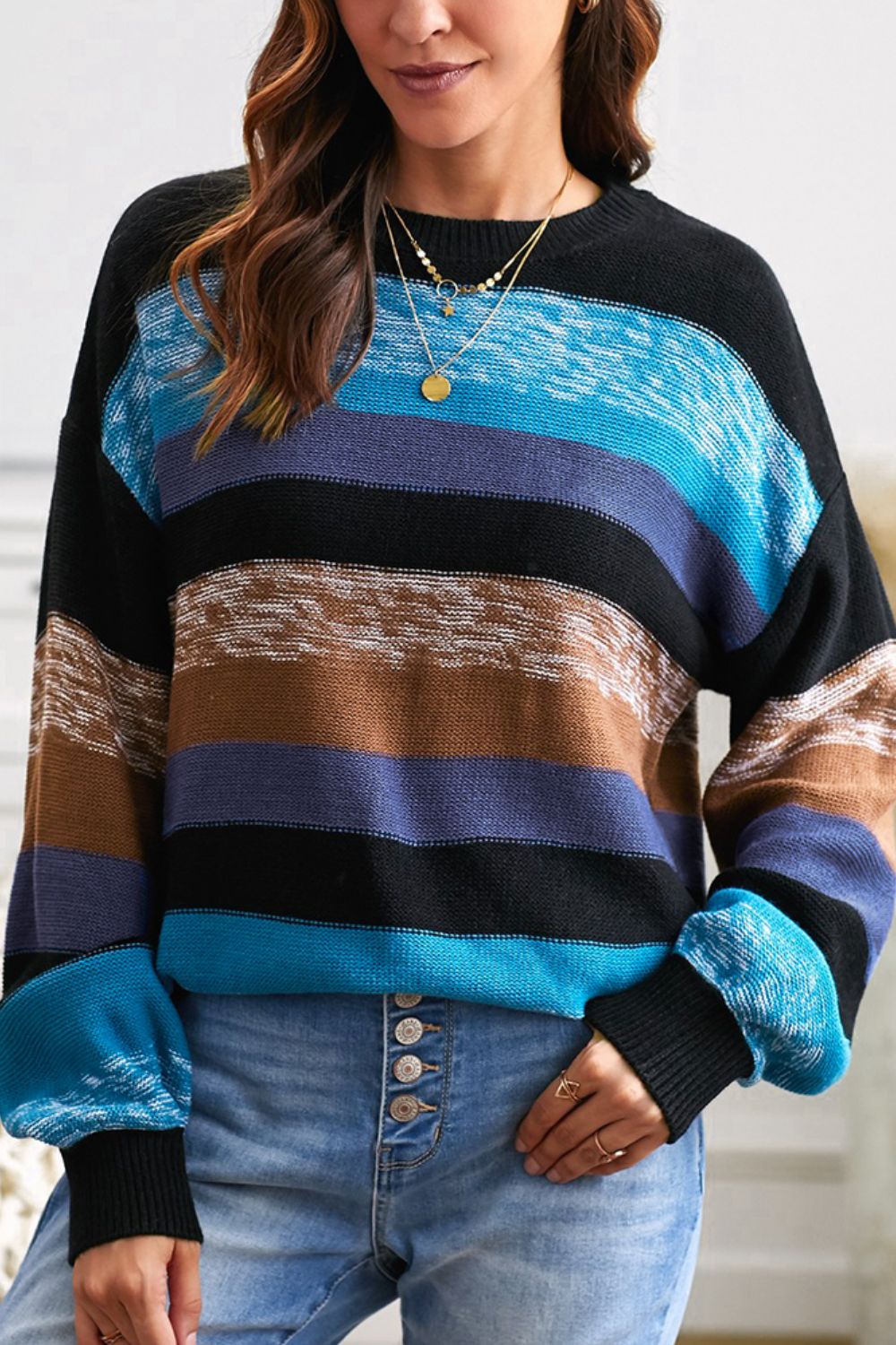 Contrast Striped Round Neck Drop Shoulder Sweater - Mervyns