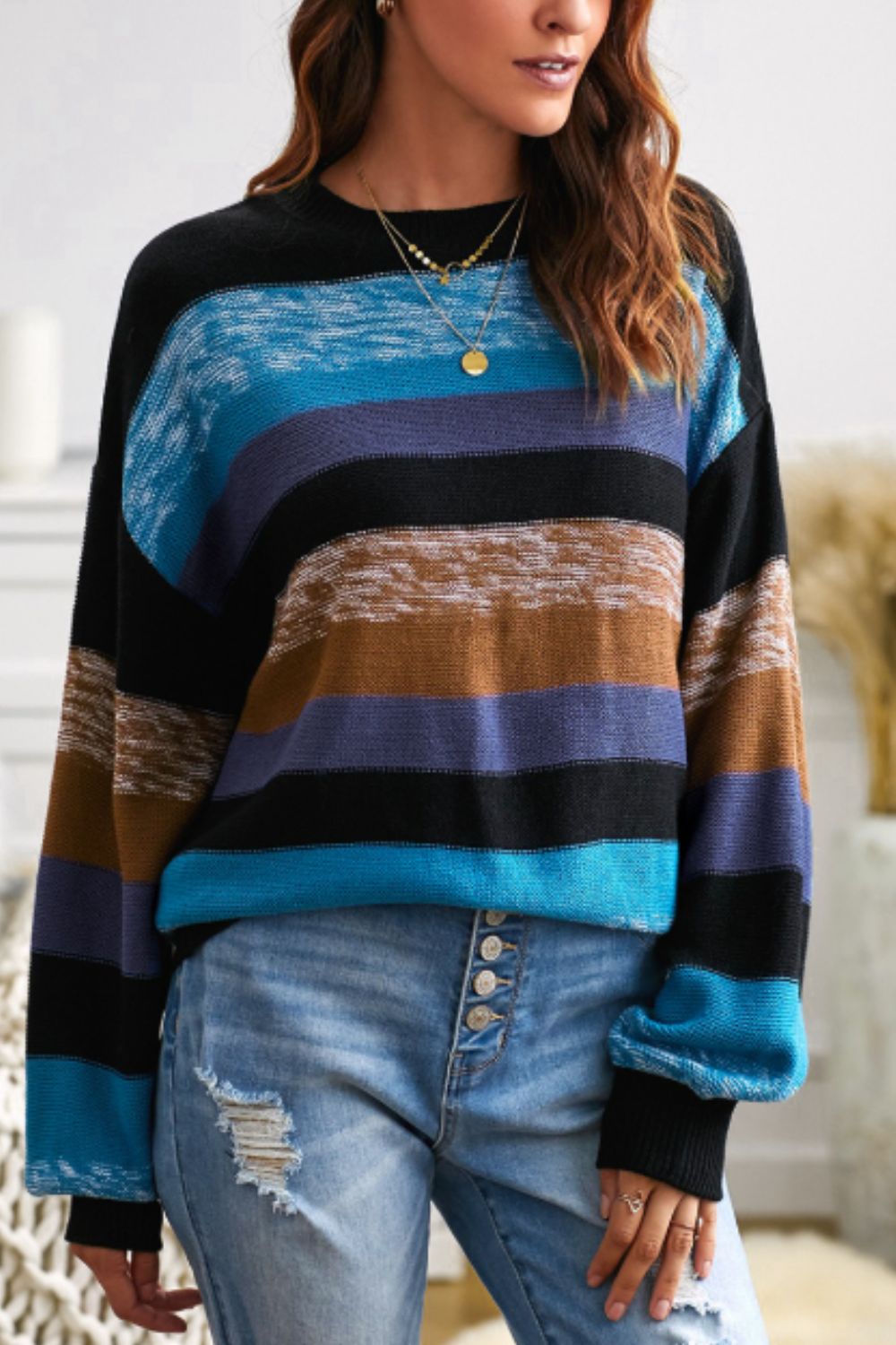 Contrast Striped Round Neck Drop Shoulder Sweater - Mervyns