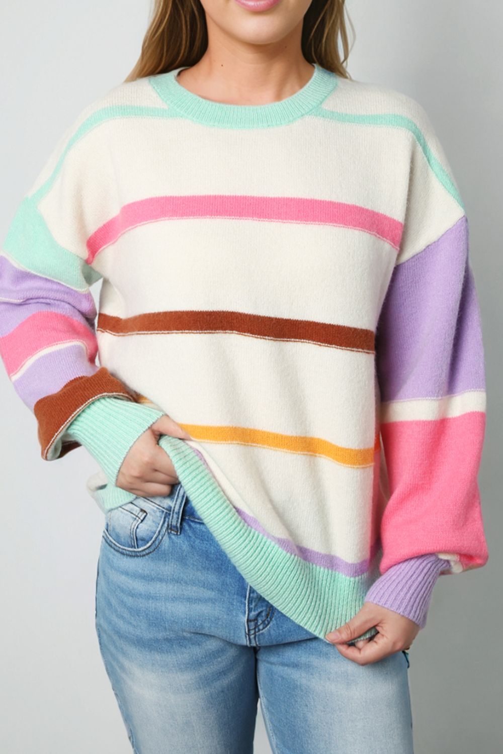 Contrast Striped Round Neck Drop Shoulder Sweater - Mervyns