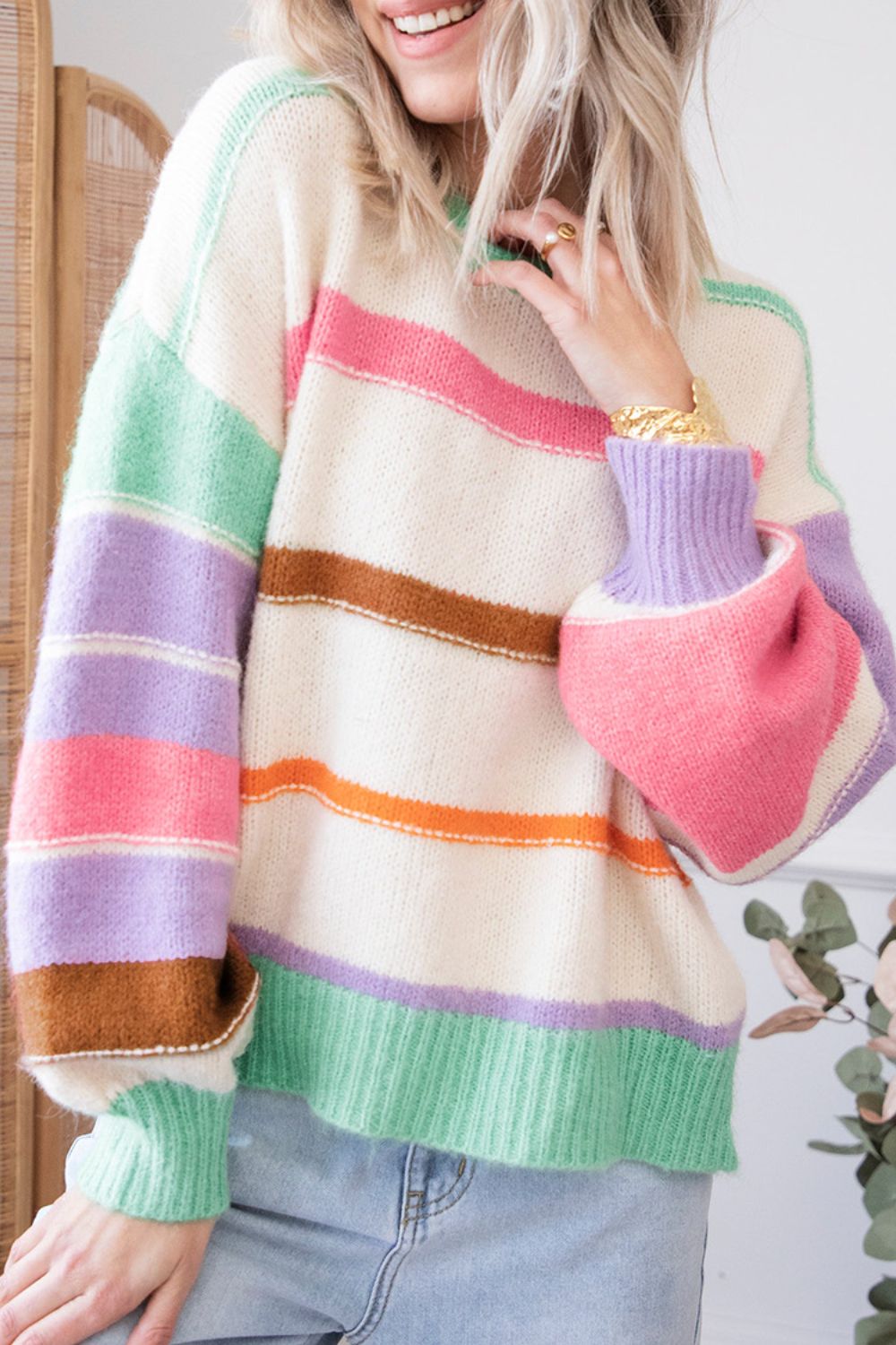 Contrast Striped Round Neck Drop Shoulder Sweater - Mervyns