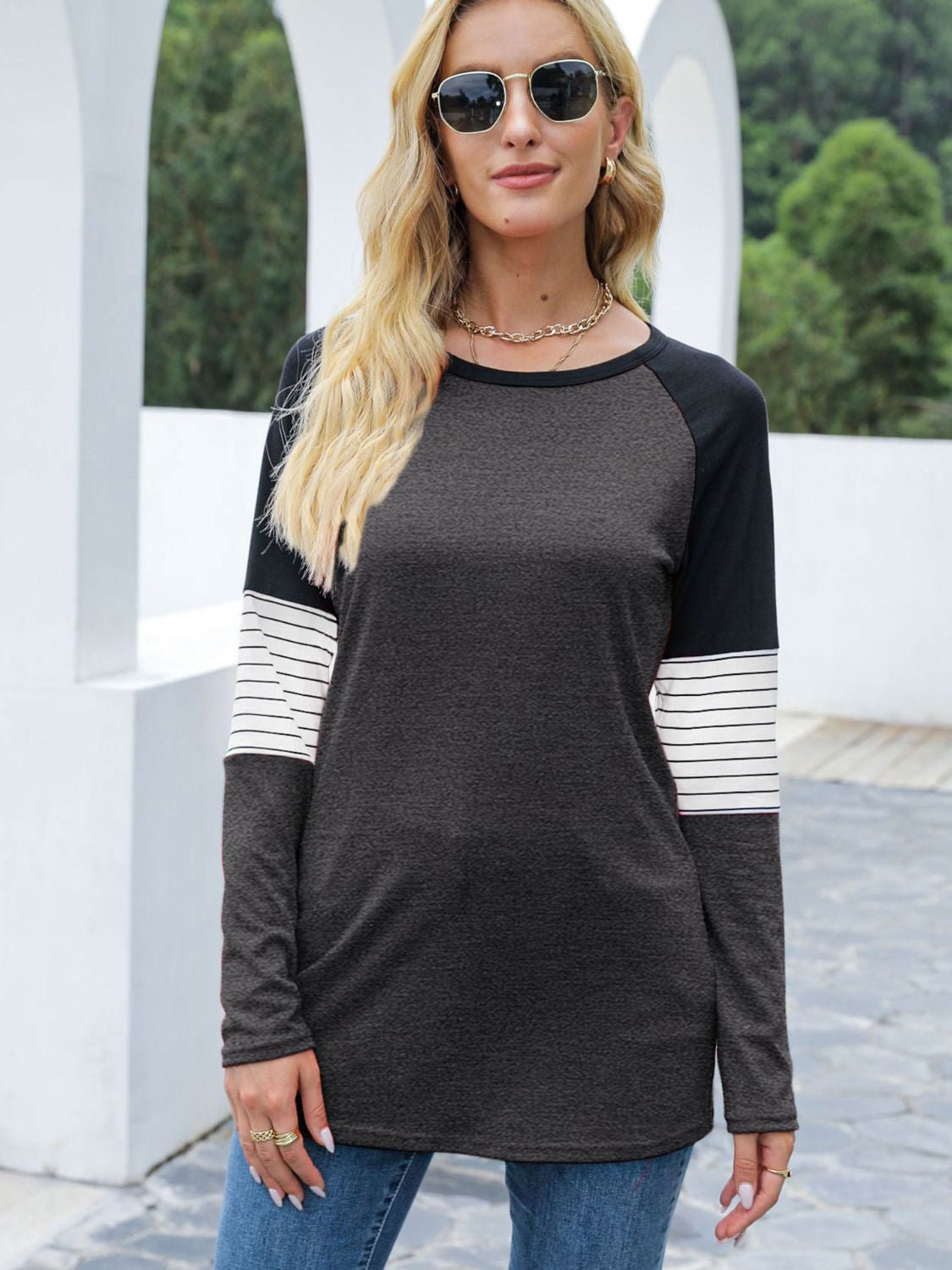 Contrast Striped Round Neck Long Sleeve T-Shirt - Mervyns