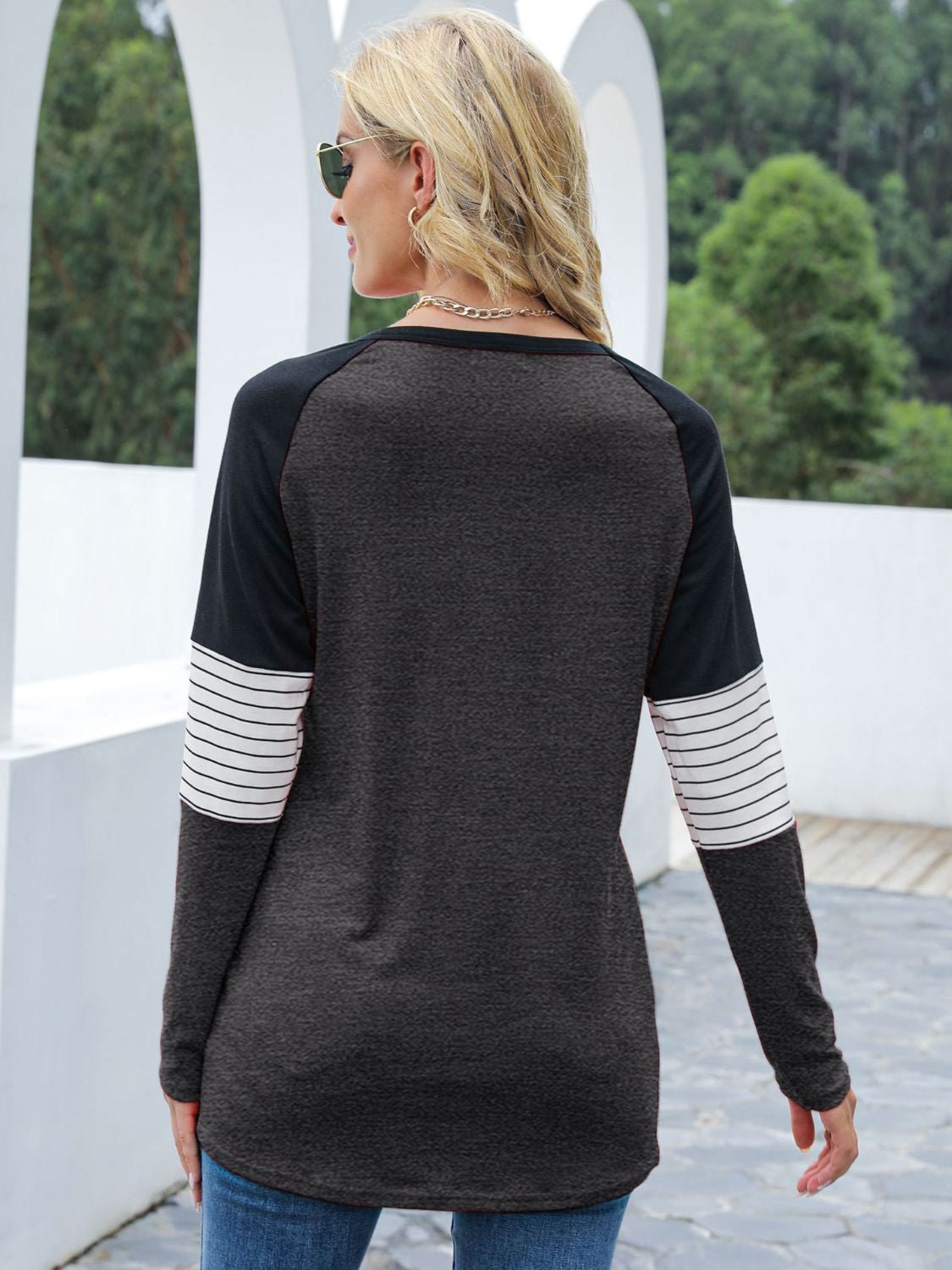 Contrast Striped Round Neck Long Sleeve T-Shirt - Mervyns