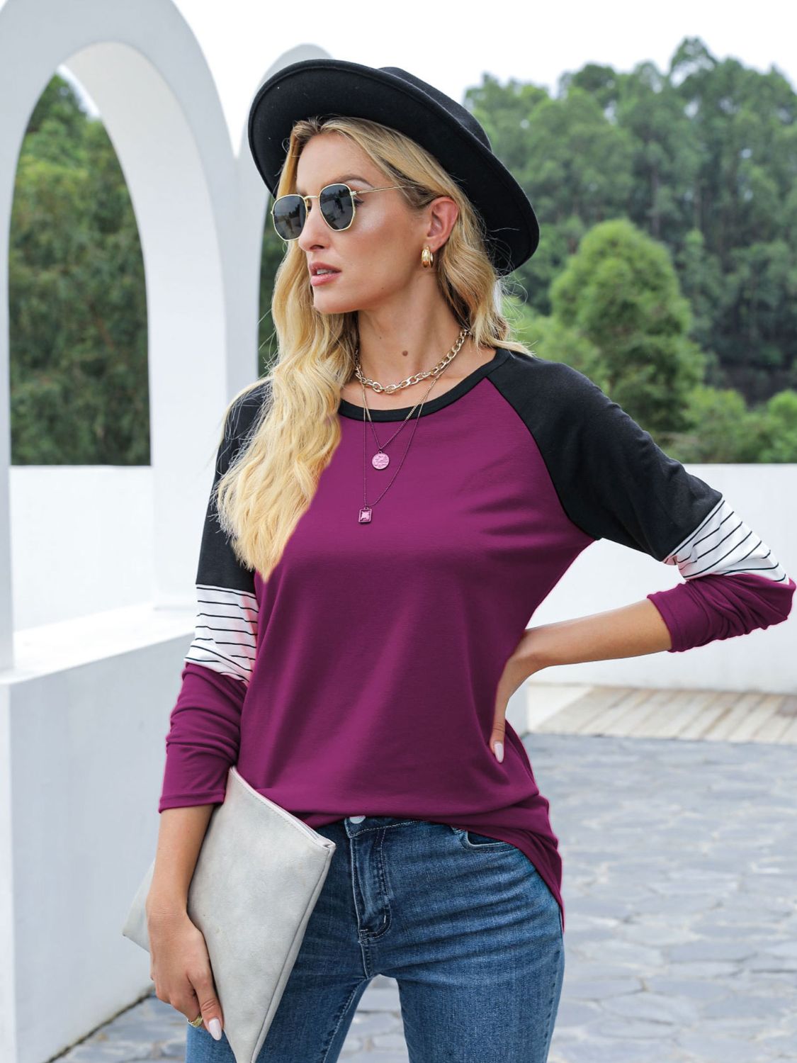 Contrast Striped Round Neck Long Sleeve T-Shirt - Mervyns