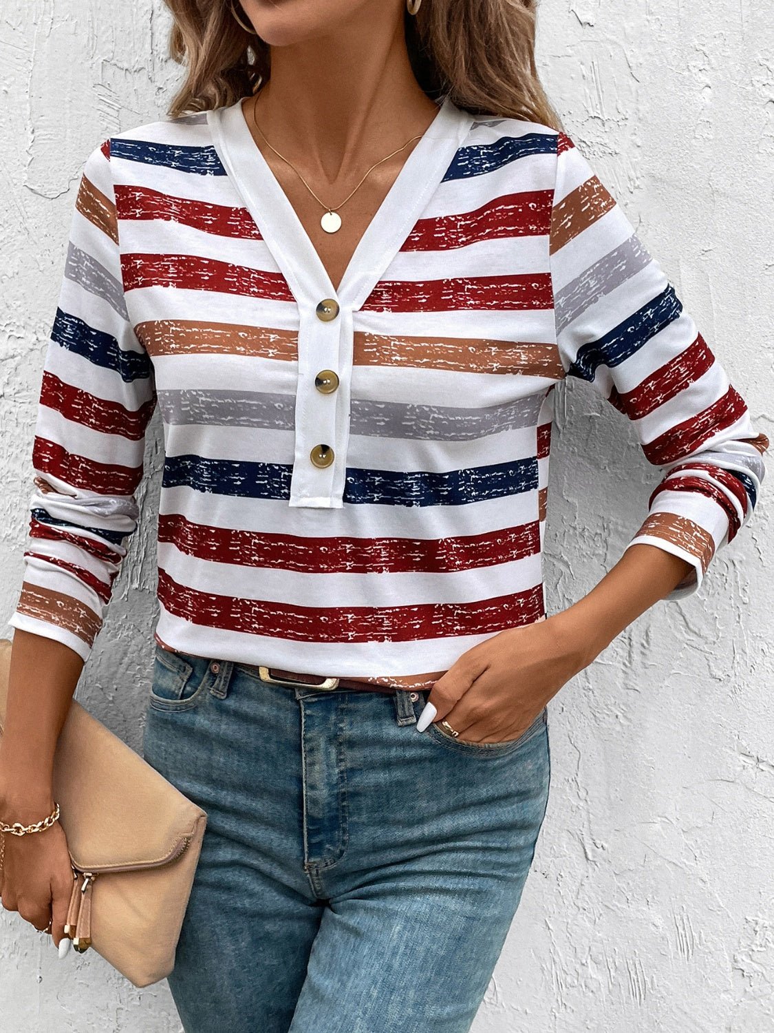 Contrast Striped V - Neck Long Sleeve T-Shirt - Mervyns