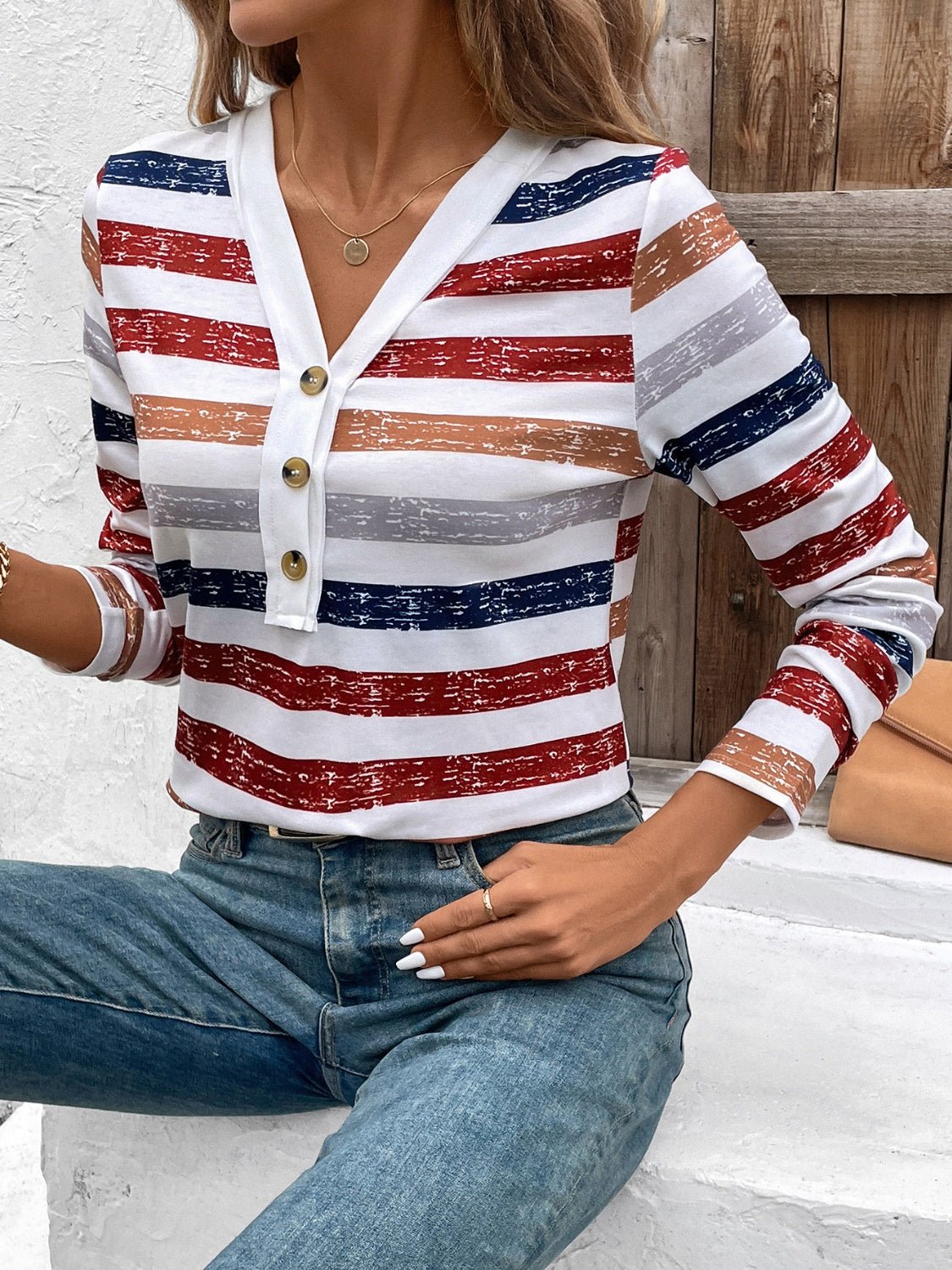 Contrast Striped V - Neck Long Sleeve T-Shirt - Mervyns