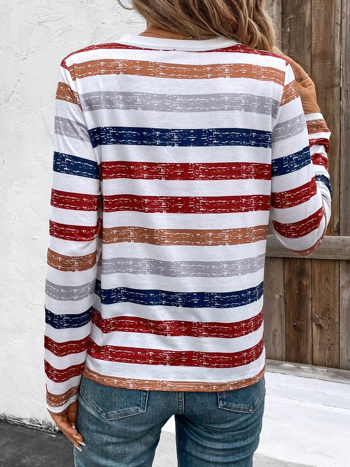 Contrast Striped V - Neck Long Sleeve T-Shirt - Mervyns