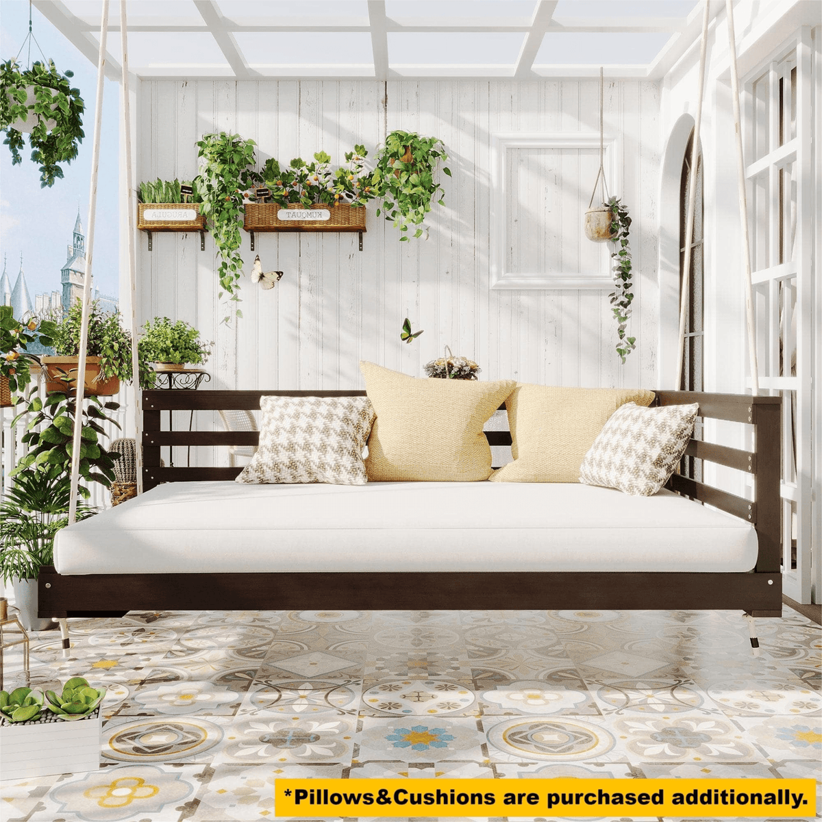 Country Patio Wooden Swing Daybed Porch Swing Frame with Hemp Ropes for Backyard Garden - Mervyns