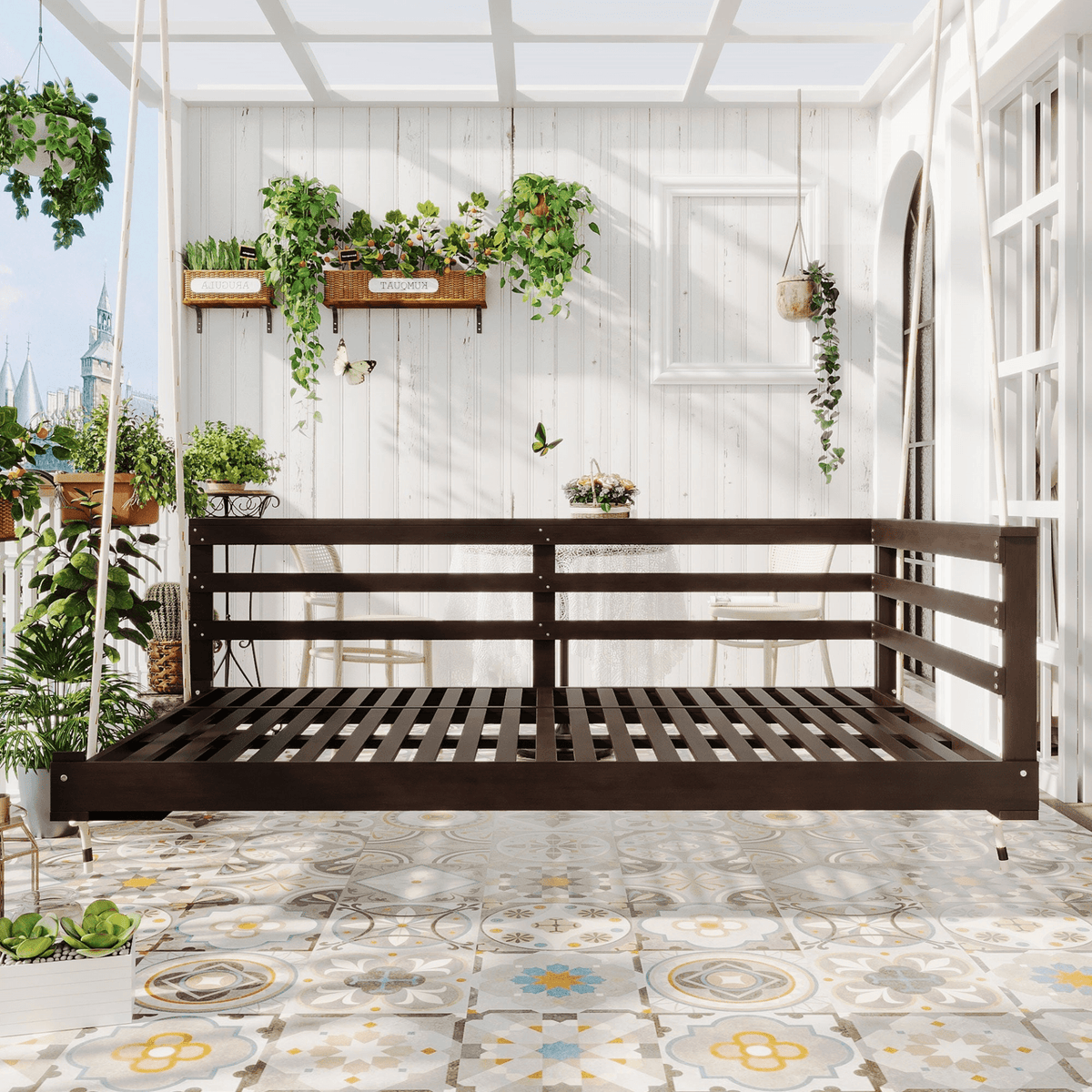 Country Patio Wooden Swing Daybed Porch Swing Frame with Hemp Ropes for Backyard Garden - Mervyns