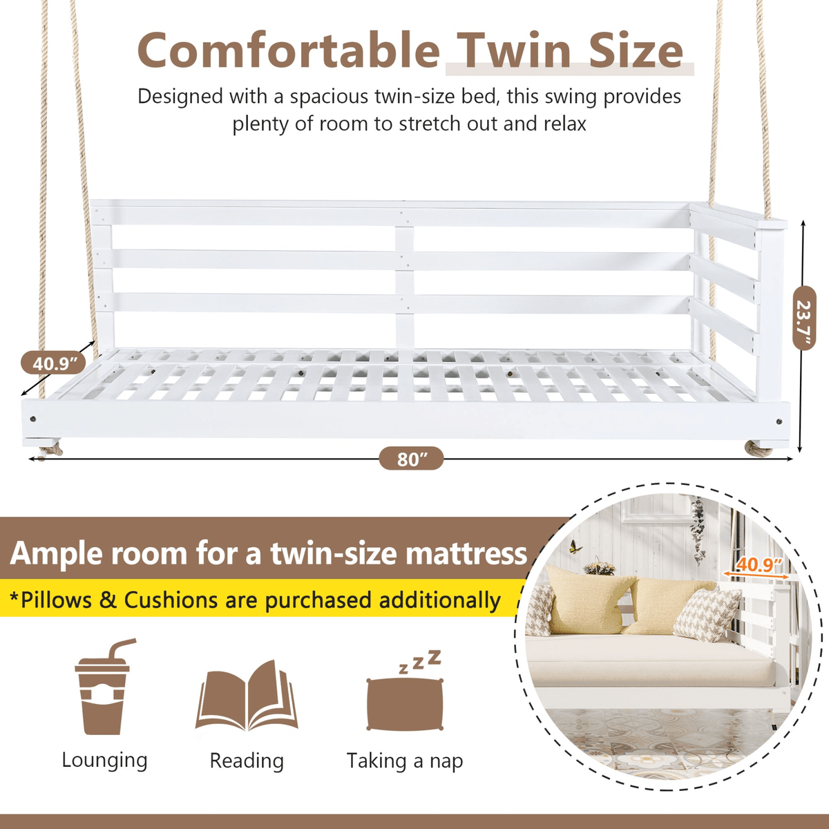 Country Patio Wooden Swing Daybed Porch Swing Frame with Hemp Ropes for Backyard Garden - Mervyns