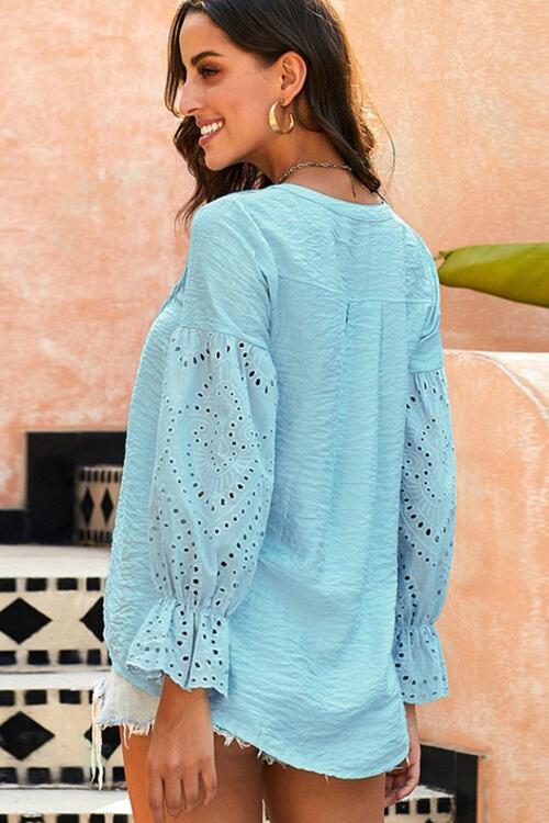 Crochet Flounce Sleeve Button Up Blouse - Mervyns