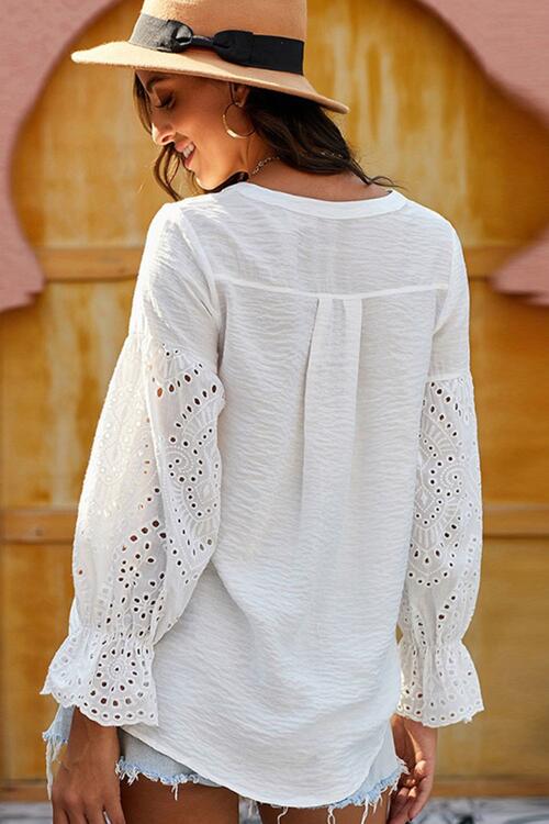 Crochet Flounce Sleeve Button Up Blouse - Mervyns