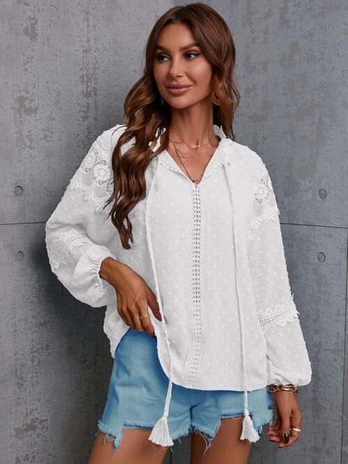 Crochet Tassel Tie Neck Long Sleeve Blouse - Mervyns