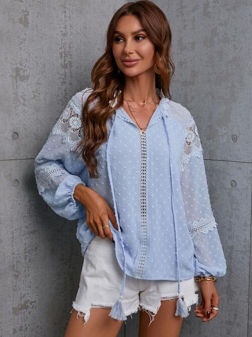 Crochet Tassel Tie Neck Long Sleeve Blouse - Mervyns