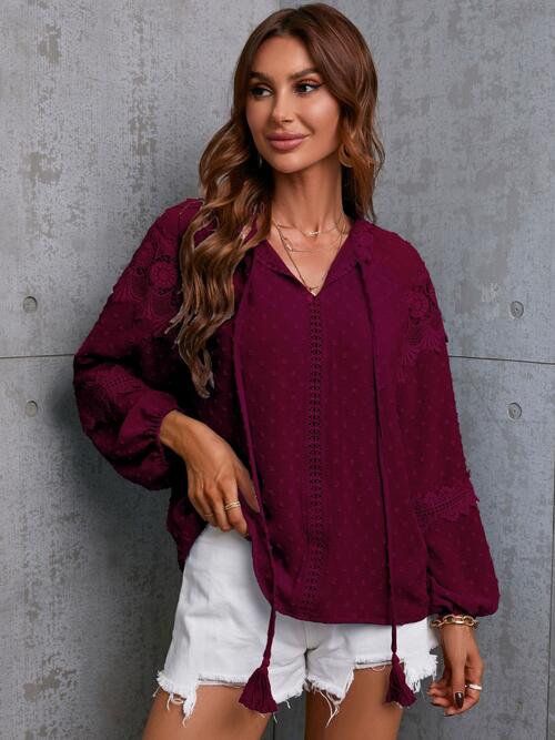 Crochet Tassel Tie Neck Long Sleeve Blouse - Mervyns