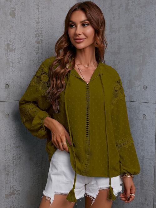 Crochet Tassel Tie Neck Long Sleeve Blouse - Mervyns