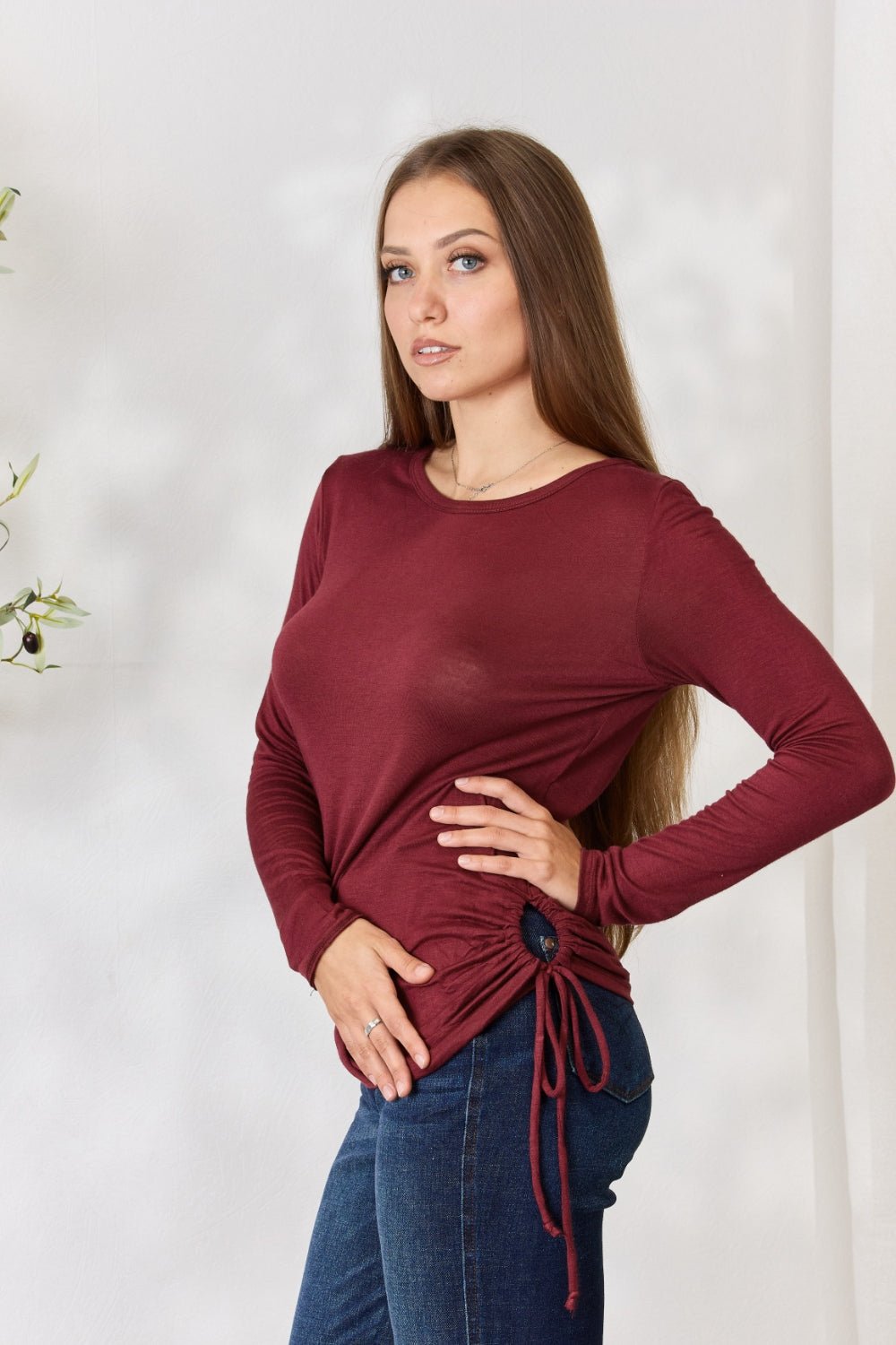 Culture Code Full Size Drawstring Round Neck Long Sleeve Top - Mervyns