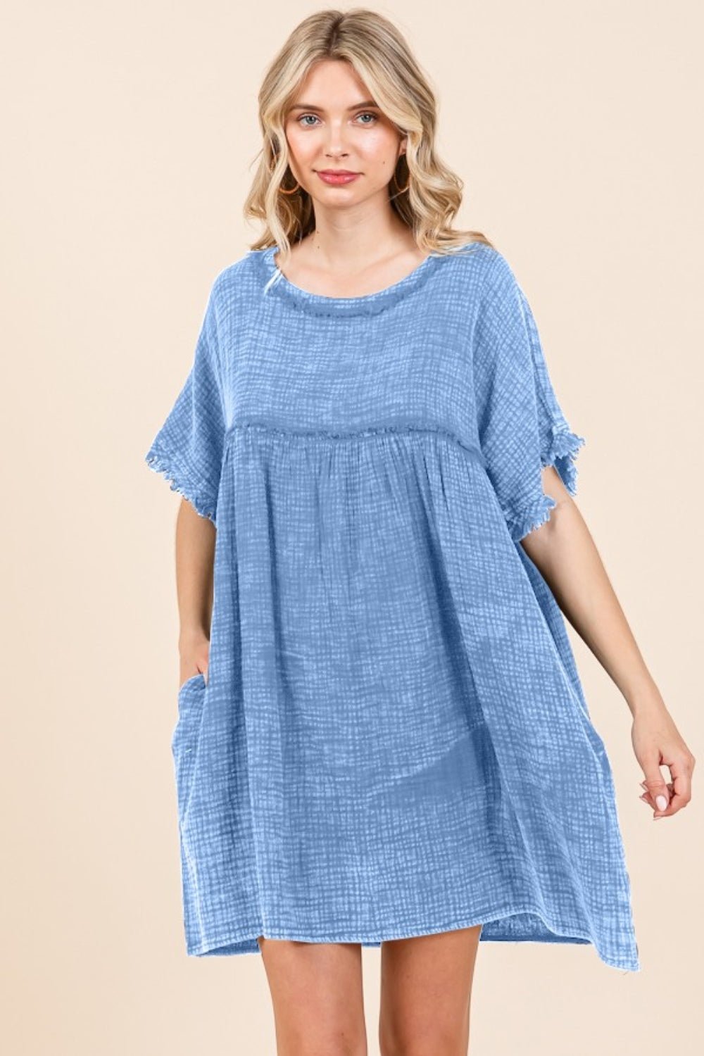 Culture Code Full Size Short Sleeve Babydoll Texture Dress with Pockets - Mervyns