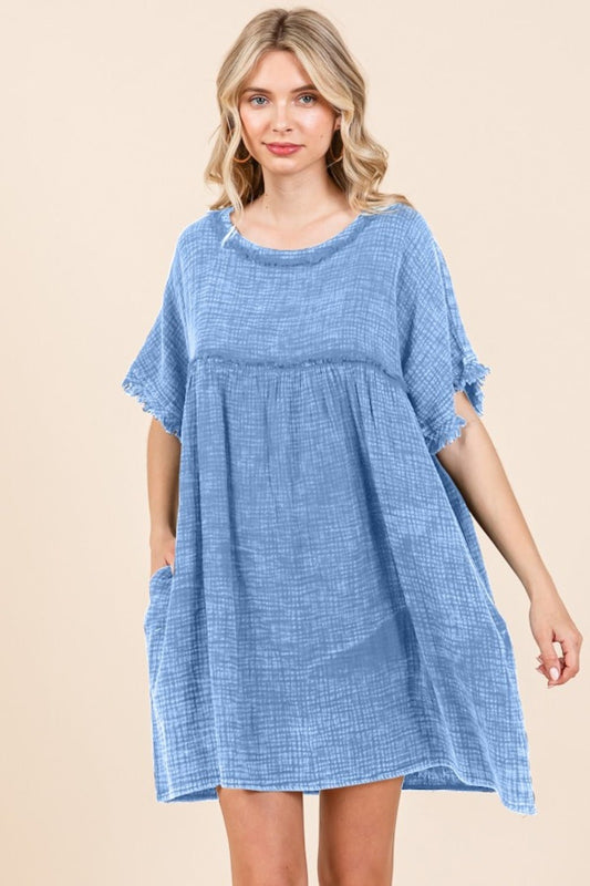 Culture Code Full Size Short Sleeve Babydoll Texture Dress with Pockets - Mervyns