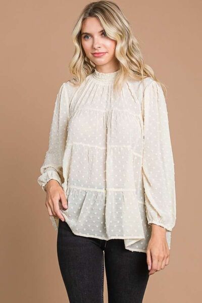 Culture Code Full Size Swiss Dot Smocked Mock Neck Blouse - Mervyns