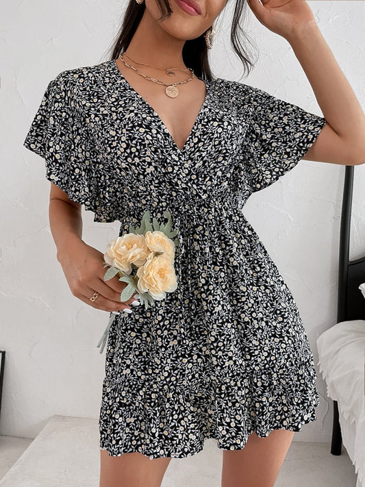 Cutout Ditsy Floral Surplice Flounce Sleeve Dress - Mervyns