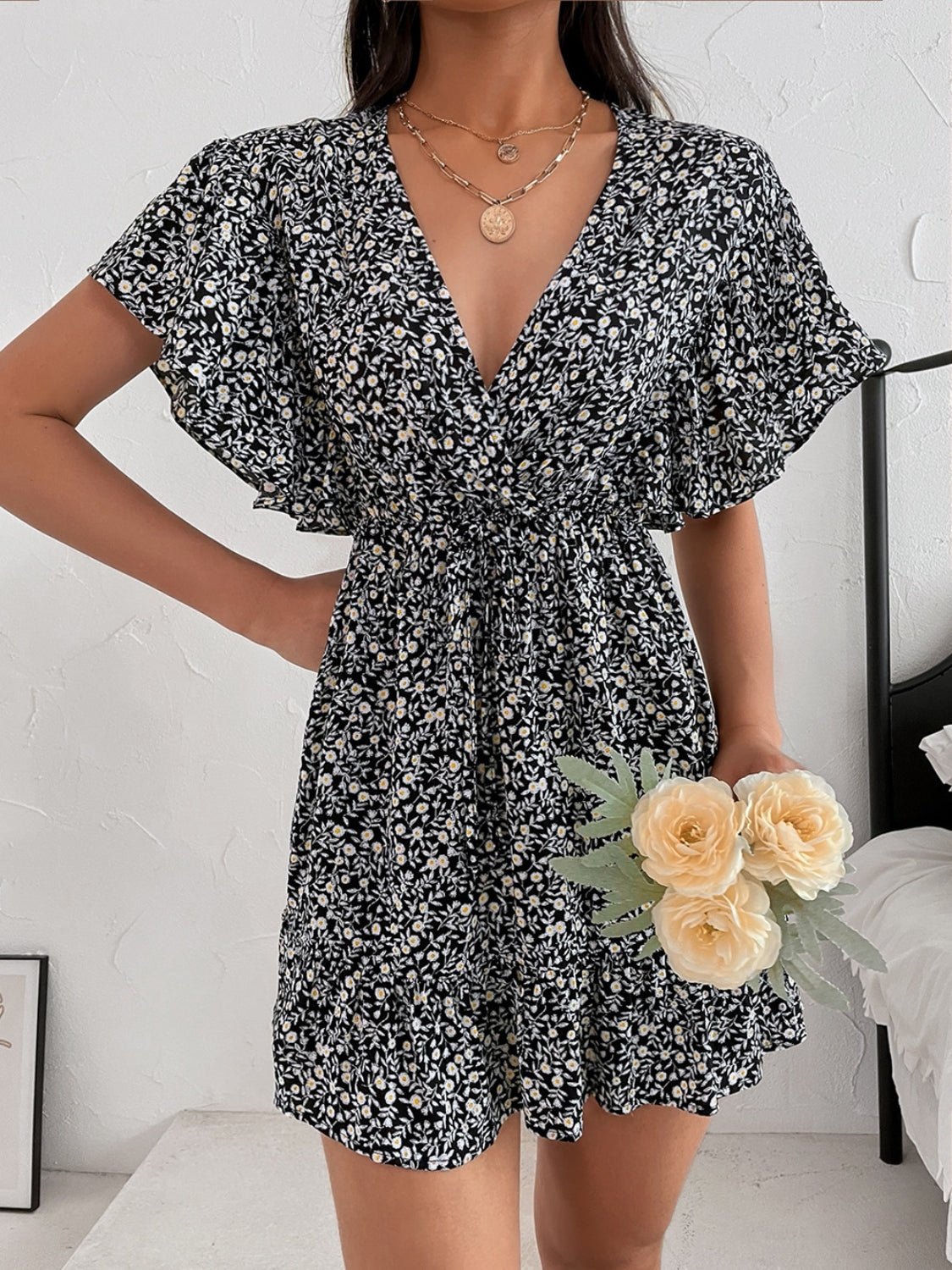 Cutout Ditsy Floral Surplice Flounce Sleeve Dress - Mervyns