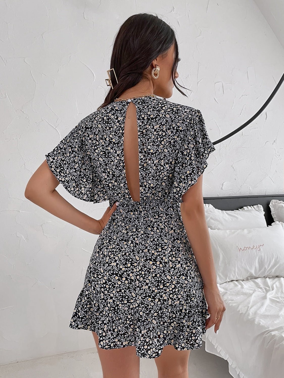 Cutout Ditsy Floral Surplice Flounce Sleeve Dress - Mervyns