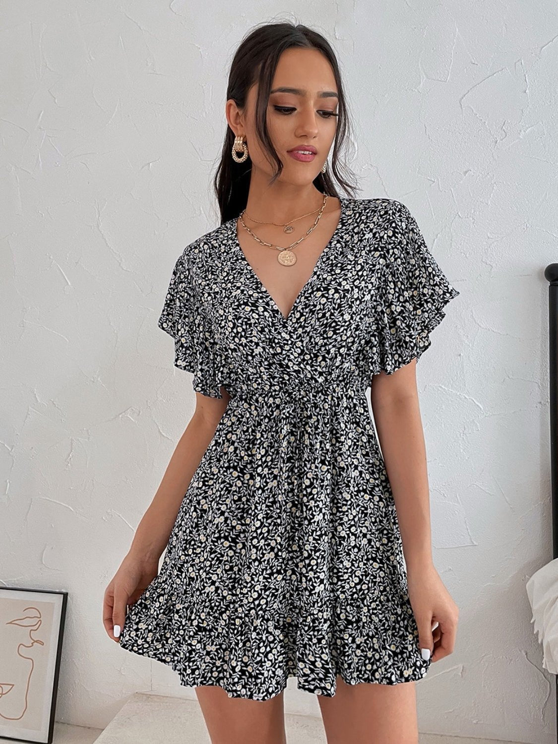 Cutout Ditsy Floral Surplice Flounce Sleeve Dress - Mervyns