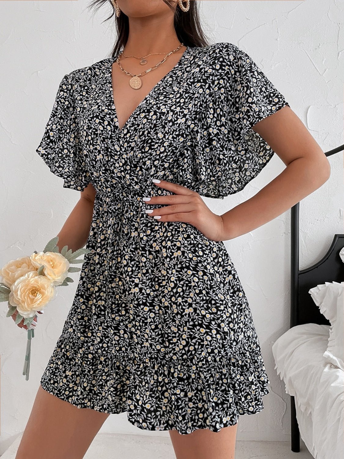 Cutout Ditsy Floral Surplice Flounce Sleeve Dress - Mervyns