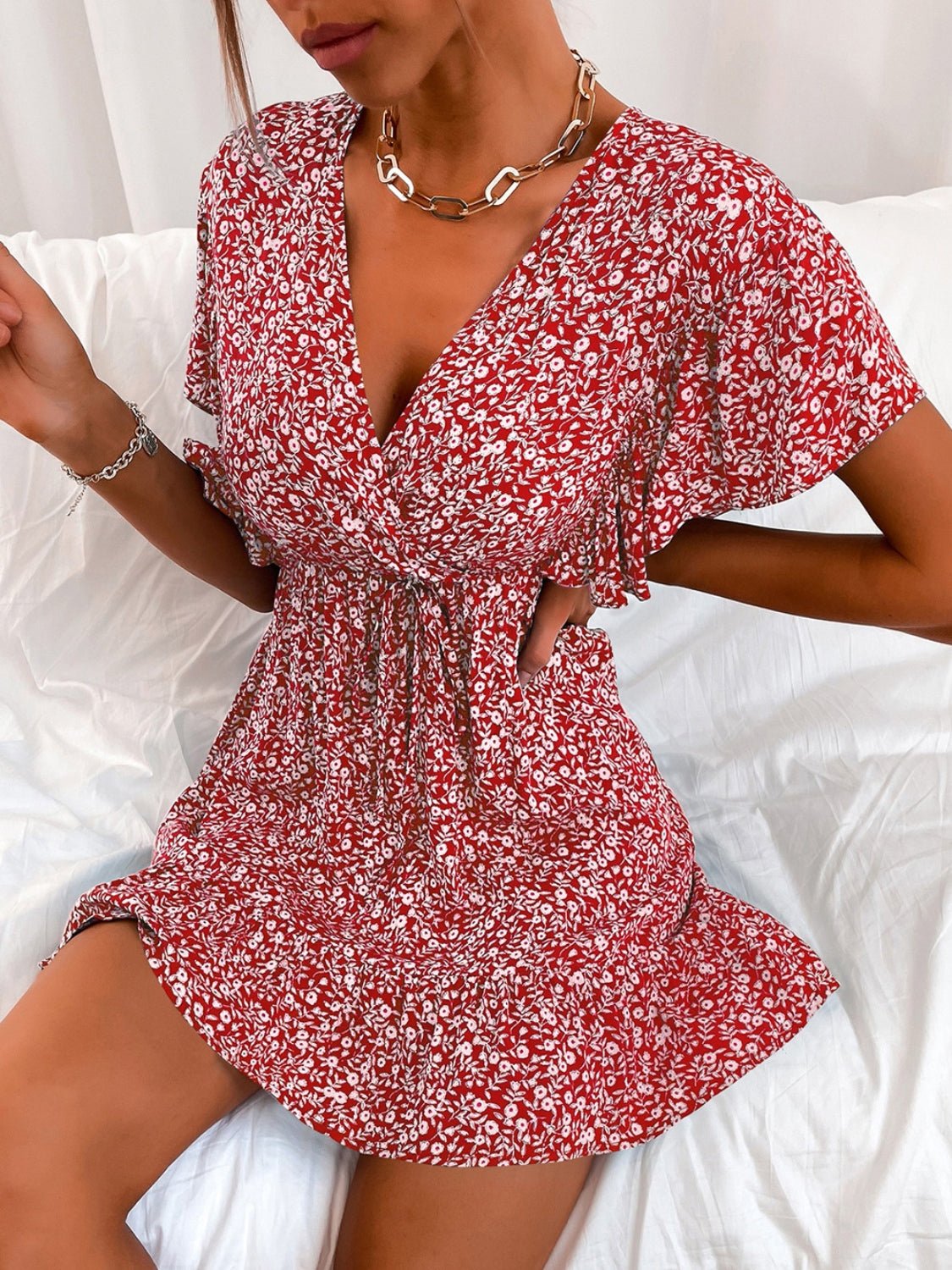 Cutout Ditsy Floral Surplice Flounce Sleeve Dress - Mervyns