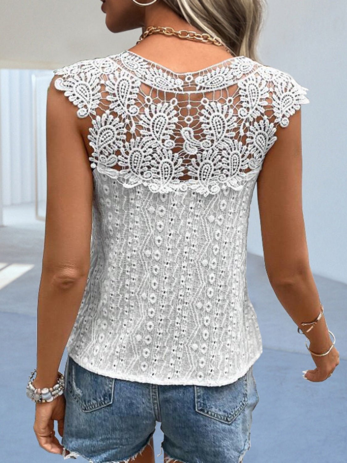 Cutout Lace Detail Notched Blouse - Mervyns