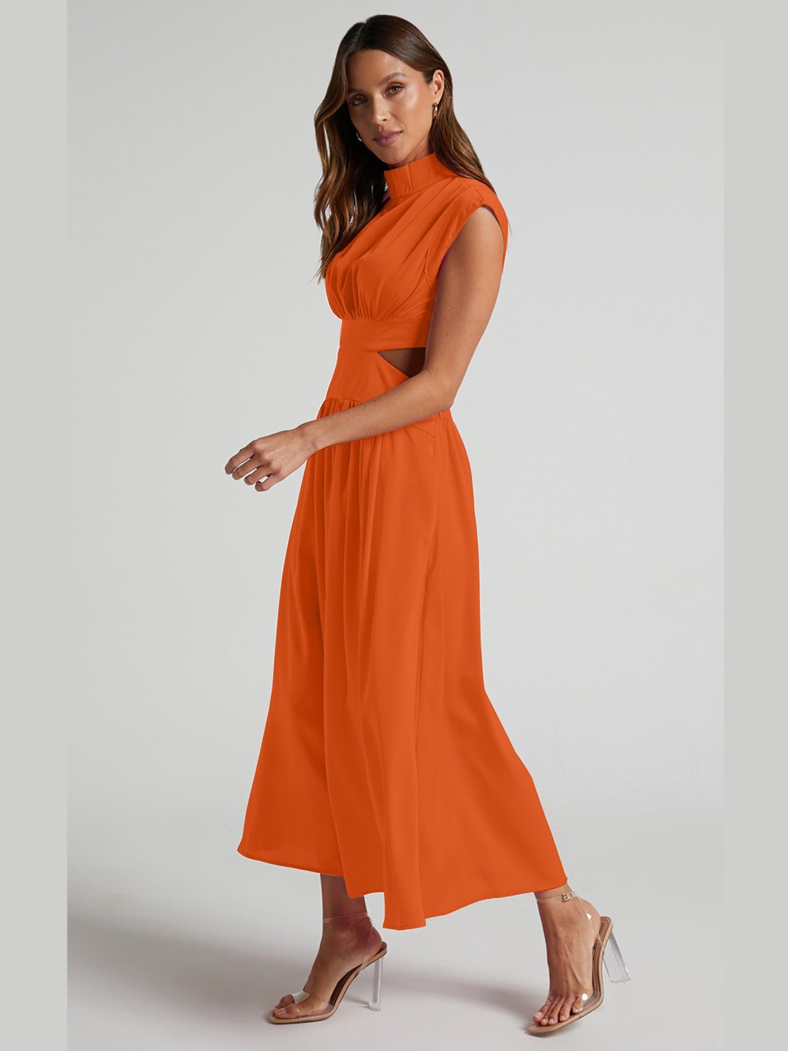 Cutout Mock Neck Sleeveless Ruched Dress - Mervyns